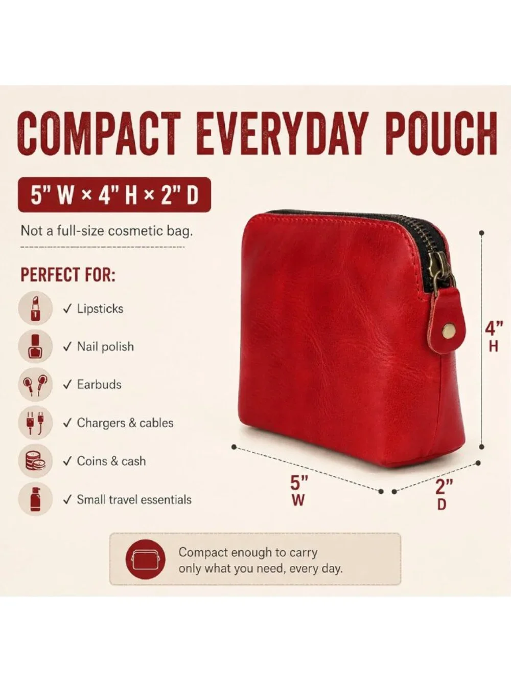 Premium Full Grain Leather Makeup Pouch - Small Travel Toiletry Organizer Bag